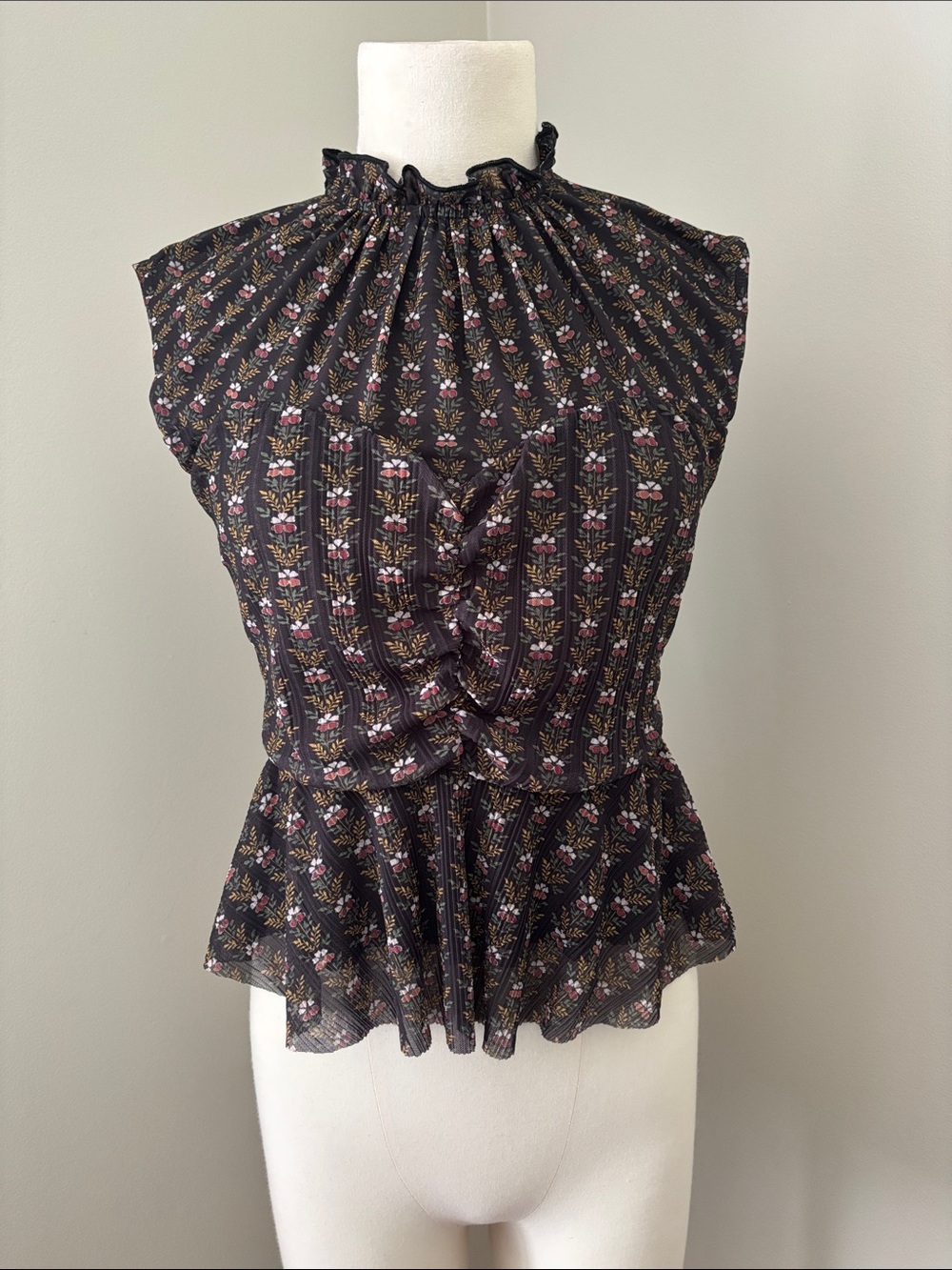 Ted Baker London Khrisie Black Floral Peplum Top with Ruffle Mock Neck Sz 0-2